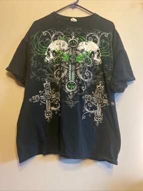 Vintage Men’s Black Skull And Cross Gothic T-shirt Size 2XL Y2K Rock Grunge